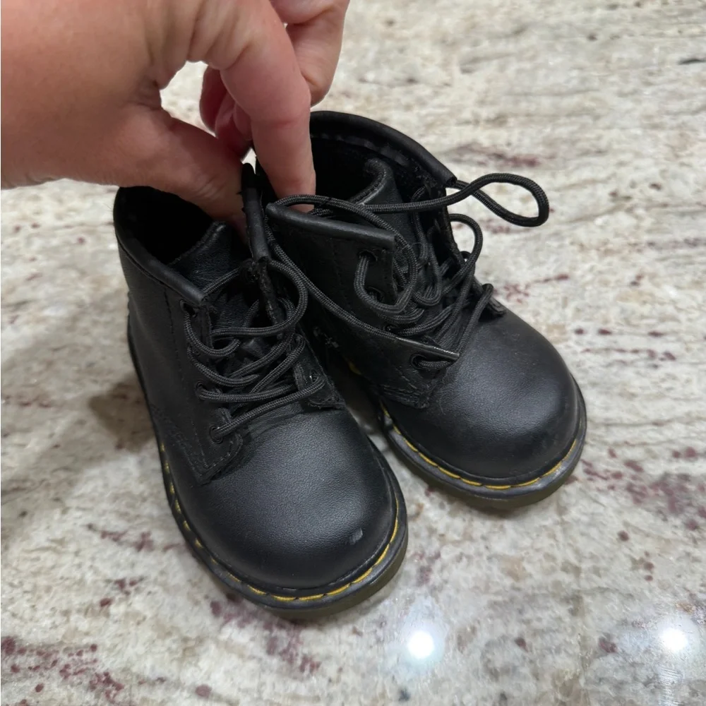 Kids Doc Martens Black Lace-Up Leather Boots with Yellow Stitching